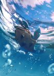  air_bubble blurry bubble closed_eyes clouds commentary day from_below full_body gen_1_pokemon highres lapras no_humans pokemon pokemon_(creature) sky underwater upside-down water_surface yukichi_(tsuknak1) 