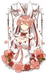  1girl animal_ears breasts closed_eyes clover dress elphelt_valentine fake_tail four-leaf_clover guilty_gear guilty_gear_xrd hair_between_eyes hairband highres large_breasts petals pink_hair rabbit_ears short_hair spiked_hairband spikes tail white_dress 