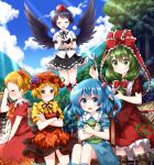 5girls =_= aki_minoriko aki_shizuha alternate_hair_length alternate_hairstyle angry asymmetrical_hair bird_wings black_hair black_wings blonde_hair blue_eyes blue_hair blue_sky closed_mouth clouds commentary_request crossed_arms crying cutting_hair dat dress eyebrows_visible_through_hair food frilled_ribbon frills front_ponytail fruit grapes green_eyes green_hair hair_bobbles hair_ornament hair_ribbon happy hat hat_removed headwear_removed highres kagiyama_hina kawashiro_nitori leaf_hair_ornament long_hair mob_cap multiple_girls notepad open_mouth orange_eyes outdoors pen pom_pom_(clothes) pouch pout red_dress red_headwear red_ribbon ribbon ruu_(tksymkw) scissors shameimaru_aya short_hair short_sleeves sky smile sunlight sweat tears tokin_hat touhou twintails wings 