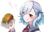  1girl :q bangs black_ribbon blush burger commentary_request eyebrows_visible_through_hair food from_side girls_frontline hair_ribbon heart highres holding holding_food licking_lips looking_at_viewer portrait red_eyes red_ribbon ribbon short_hair silver_hair smile solo spas-12_(girls_frontline) tete3873 tongue tongue_out white_background 
