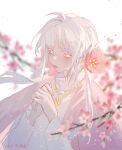  1girl ahoge blurry blurry_background blurry_foreground cherry_blossoms floating_hair flower hair_flower hair_ornament hands_clasped highres jewelry looking_to_the_side necklace own_hands_together petals shisisongdelaogong solo twintails white_eyelashes white_hair 
