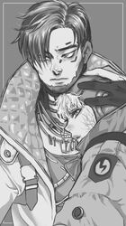  1boy 1girl apex_legends bangs crypto_(apex_legends) gloves grey_background greyscale hair_behind_ear hair_over_one_eye hand_on_another&#039;s_head hood jacket jewelry lichtenberg_figure looking_to_the_side meteolance monochrome necklace parted_lips partially_fingerless_gloves scar scar_on_cheek scar_on_face wattson_(apex_legends) 