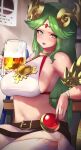  1girl alcohol alternate_costume beer beer_mug belt blush bracelet breasts crop_top cup drunk green_eyes green_hair headgear highres jewelry kashu_(hizake) kid_icarus kid_icarus_uprising large_breasts long_hair mug navel palutena pants sideboob sitting skirt solo super_smash_bros. sweat thigh-highs tiara 