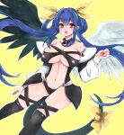  1girl black_legwear blue_hair breasts center_opening chemaru_(a8l) dizzy_(guilty_gear) guilty_gear guilty_gear_x guilty_gear_xx hair_between_eyes hair_ornament large_breasts long_hair looking_at_viewer navel red_eyes revealing_clothes ribbon tail thigh-highs twintails very_long_hair wings 