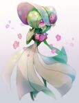  blurry commentary_request flower full_body gardevoir gen_3_pokemon hand_up hat hat_flower hatted_pokemon highres looking_at_viewer parted_lips pokemon pokemon_(creature) pokemon_unite purple_flower solo tomashuu violet_eyes white_background 