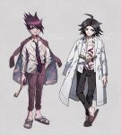  ahoge aoki_(fumomo) bangs black_hair black_pants book coat coat_on_shoulders collarbone commentary_request cosplay costume_switch dangan_ronpa/zero dangan_ronpa_(series) dangan_ronpa_v3:_killing_harmony full_body grey_background half-closed_eyes hand_in_pocket holding jacket jacket_on_shoulders labcoat long_hair looking_up male_focus matsuda_yasuke momota_kaito multiple_boys multiple_views necktie open_book open_clothes open_coat open_shirt pants pink_jacket pink_pants print_shirt sandals shirt shirt_half_tucked_in shoes simple_background space_print starry_sky_print sword translation_request violet_eyes weapon 