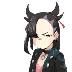  1girl black_hair black_jacket collar eyebrows_visible_through_hair eyes_visible_through_hair flat_chest green_eyes grey_hair hair_over_one_eye hair_ribbon jacket marnie_(pokemon) multicolored_hair pokemon pokemon_(game) pokemon_swsh red_ribbon ribbon serious solo tenbin_gashira tied_hair two-tone_hair upper_body white_background 