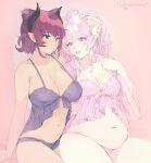  2girls ahoge artist_name blush breasts english_commentary eyebrows_visible_through_hair highres horns large_breasts mole mole_on_breast mole_under_mouth multiple_girls navel open_mouth original parted_lips pink_eyes pink_hair plump pointy_ears redhead roarke_(lavenderincubus) short_hair sitting teeth violet_eyes yuri 