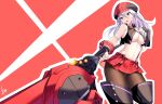  1girl alisa_ilinichina_amiella boots breasts cabbie_hat daive fingerless_gloves gloves god_eater hat highres huge_weapon large_breasts navel plaid_headwear skirt solo suspender_skirt suspenders suspenders_slip thigh-highs thigh_boots under_boob weapon 