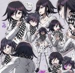  1boy aoki_(fumomo) bangs black_hair blood buttons chair checkered checkered_neckwear checkered_scarf collarbone commentary_request dangan_ronpa_(series) dangan_ronpa_v3:_killing_harmony double-breasted grey_background hair_between_eyes hand_up long_sleeves looking_at_viewer male_focus open_mouth ouma_kokichi pink_blood pink_eyes scarf shaded_face short_hair sitting smile sweat tears translation_request upper_body upper_teeth violet_eyes 