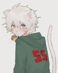  &gt;_&lt; animal_ears bangs blush cat_boy cat_ears cat_tail chibi commentary_request dangan_ronpa_(series) dangan_ronpa_2:_goodbye_despair flying_sweatdrops from_behind green_jacket grey_background highres hinata_hajime hism_25_(tsumari) holding_another hood hood_down hooded_jacket hoodie jacket komaeda_nagito looking_at_viewer looking_back male_focus messy_hair mouth_hold necktie number short_hair simple_background tail upper_body 