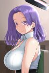  1girl breasts chair commentary_request forehead hair_intakes kantai_collection large_breasts looking_at_viewer medium_breasts mimofu_(fullhighkick) open_clothes open_shirt purple_hair shirt short_hair sitting sleeveless sleeveless_shirt smile solo tatsuta_(kancolle) upper_body violet_eyes 