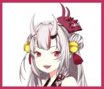  1girl bell border double_bun fangs hair_bell hair_ornament hololive horns jingle_bell mask mask_on_head multicolored_hair nakiri_ayame oni_horns oni_mask open_mouth portrait red_border red_eyes redhead smile solo streaked_hair tenbin_gashira two-tone_hair virtual_youtuber white_hair 