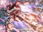  amasaki_yusuke artist_name explosion glowing glowing_eye gun gundam holding holding_gun holding_weapon kicking mecha mobile_suit mobile_suit_gundam one-eyed open_hand pink_eyes rx-78-2 science_fiction solo_focus weapon yellow_eyes zaku_ii_s_char_custom 