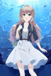  1girl :o aquarium bag bag_charm bangs brown_hair charm_(object) dress fish green_eyes grey_jacket hair_ribbon hand_up handbag highres jacket long_hair looking_at_viewer miyazawa_fuuka ribbon shiroi_suna_no_aquatope solo standing wari_(nirodo26) white_dress white_ribbon 