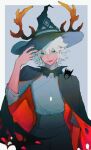  1boy absurdres arms_up bat black_cape black_nails cape deer_antlers enruyns green_eyes hat highres holding holding_clothes holding_hat horns open_mouth shadow short_hair sky:_children_of_the_light smile solo white_hair witch_hat 