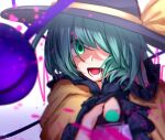  1girl arm_up bangs black_headwear blouse bow frills gradient gradient_background green_eyes green_hair green_nails hair_between_eyes hands_up hat hat_bow highres knife komeiji_koishi light long_sleeves mozuno_(mozya_7) one-hour_drawing_challenge open_mouth phone purple_background shadow short_hair smile solo teeth third_eye tongue touhou upper_body white_background yellow_blouse yellow_bow yellow_sleeves 