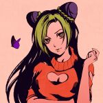  1girl arm_under_breasts bangs braid bug butterfly cleavage_cutout clothing_cutout double_bun green_eyes green_hair green_lips green_sweater hand_up insect jojo_no_kimyou_na_bouken kujo_jolyne lipstick long_hair makeup moshimoshibe multicolored_hair parted_bangs purple_hair short_sleeves shoulder_cutout simple_background solo stone_ocean sweater turtleneck turtleneck_sweater two-tone_hair upper_body 