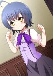  1girl ahoge bangs blue_hair blush bow bowtie character_name collared_shirt commentary cowboy_shot dutch_angle eyebrows_visible_through_hair fang fang_out gochuumon_wa_usagi_desu_ka? hands_up highres indoors jouga_maya looking_at_viewer medium_hair naruse_mai purple_vest shirt short_sleeves sidelocks smile solo tareme vest white_shirt yellow_eyes 