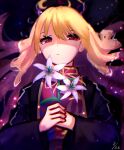  1girl bangs blonde_hair chinese_clothes closed_mouth flower highres junko_(touhou) lily_(flower) looking_at_viewer mozuno_(mozya_7) one-hour_drawing_challenge red_eyes solo touhou water 