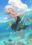  1girl air_bubble bangs bare_arms barefoot bob_cut bow bubble chorefuji clouds clownfish commentary_request day fish fish_request from_side grey_eyelashes grey_hair holom_(chorefuji) leg_up looking_at_viewer orange_eyes original parted_lips partially_submerged partially_underwater_shot regal_blue_tang short_hair sky soles solo swimming toes water_surface 