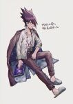  1boy aoki_(fumomo) bangs book closed_mouth commentary_request dangan_ronpa_(series) dangan_ronpa_v3:_killing_harmony dress_shirt facial_hair goatee hair_between_eyes hair_up holding invisible_chair jacket jacket_on_shoulders long_sleeves male_focus momota_kaito open_clothes open_shirt pants pink_pants print_shirt shirt shirt_tucked_in shoes short_hair sitting smile solo space_print spiky_hair starry_sky_print translation_request white_shirt 