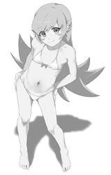  1girl absurdres bangs barefoot bikini blush_stickers cala_t_maki_72 eyebrows_visible_through_hair flat_chest full_body greyscale hands_on_hips highres long_hair looking_at_viewer micro_bikini monochrome monogatari_(series) navel oshino_shinobu smile solo swimsuit 