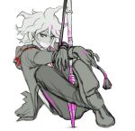  1boy bangs blood bloody_clothes bloody_hair bound bound_wrists dangan_ronpa_(series) dangan_ronpa_2:_goodbye_despair gag gloves green_jacket grey_hair hair_between_eyes holding holding_weapon improvised_gag jacket komaeda_nagito long_sleeves looking_at_viewer male_focus messy_hair pants pink_blood polearm print_shirt shirt simple_background sitting solo spear tape tape_gag weapon white_background white_shirt yandr4hope 