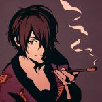  1boy animal_print bandaged_head bandages brown_hair butterfly_print gintama green_eyes hair_over_one_eye holding holding_pipe japanese_clothes kimono male_focus moshimoshibe pipe short_hair simple_background smoke_trail solo takasugi_shinsuke upper_body 