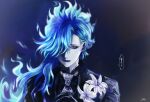  1boy absurdres artist_name black_gloves blue_hair blue_lips brooch flower gloves grey_background hair_over_one_eye highres idia_shroud j8ry jewelry long_hair looking_at_viewer male_focus pale_skin solo speech_bubble twisted_wonderland upper_body 