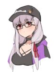  1girl bangs baseball_cap black_camisole blush breasts camisole fate/grand_order fate_(series) glasses hair_ribbon hat heroic_spirit_tour_outfit highres jacket kama_(fate) kopaka_(karda_nui) large_breasts long_hair looking_at_viewer purple_jacket red_eyes ribbon silver_hair 