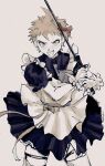  1boy absurdres alternate_costume apron bangs black_dress blush bow brown_eyes commentary_request cowboy_shot dangan_ronpa_(series) dangan_ronpa_2:_goodbye_despair dress enmaided hair_bow highres hinata_hajime holding holding_sword holding_weapon looking_at_viewer maid male_focus red_bow sema_(vivaviva_02) simple_background sketch smile solo spiky_hair sword thigh-highs weapon 