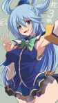  1girl aqua_(konosuba) armpits blue_eyes blue_hair blue_shirt blue_skirt bow breasts detached_sleeves fujitaka_nasu green_bow hair_ornament hair_rings highres kono_subarashii_sekai_ni_shukufuku_wo! large_breasts looking_at_viewer no_panties shirt skirt smile solo 