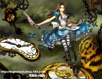  1girl alice:_madness_returns alice_(alice_in_wonderland) american_mcgee&#039;s_alice apron black_hair breasts closed_mouth dress green_eyes knife linghetuen long_hair looking_at_viewer pantyhose solo striped striped_legwear weapon 