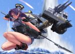  1girl black_gloves black_skirt breasts buttons day empty_eyes eyebrows_visible_through_hair glaive gloves holding holding_weapon kantai_collection large_breasts machinery mechanical_halo ocean outdoors pleated_skirt polearm purple_hair red_ribbon remodel_(kantai_collection) ribbon rigging rudder_footwear short_hair skirt sky solo tatsuta_(kancolle) torpedo torpedo_tubes violet_eyes weapon wet wet_clothes zombie_mogura 