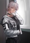  1girl ahoge bandaid bandaid_on_cheek black_choker black_shirt choker closed_mouth ear_piercing earrings grey_hair hand_up highres holding hood hood_down hoodie jewelry kilye_kairi long_sleeves looking_at_viewer open_clothes open_hoodie original piercing pink_hair shirt solo violet_eyes 