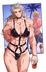  1boy 1girl abs beach blonde_hair breasts dorohedoro earrings jewelry large_breasts long_hair looking_at_viewer muscular muscular_female navel noi_(dorohedoro) open_mouth park_ongjol red_eyes shin_(dorohedoro) simple_background smile solo swimsuit white_hair 