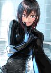  1girl bathing black_bodysuit black_hair blush bodysuit brown_eyes hand_on_own_face indoors kilye_kairi latex latex_bodysuit looking_at_viewer multicolored_hair one-piece_swimsuit original parted_lips redhead skin_tight smile solo streaked_hair swimsuit v v_over_mouth 