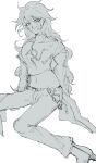  1girl absurdres bangs belt breasts chain commentary_request dangan_ronpa_(series) dangan_ronpa_2:_goodbye_despair genderswap genderswap_(mtf) greyscale highres jacket jewelry komaeda_nagito long_hair long_sleeves looking_at_viewer messy_hair midriff monochrome navel off_shoulder pants print_shirt sema_(vivaviva_02) shirt simple_background sketch smile solo stomach very_long_hair white_background 