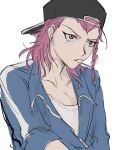  1boy black_headwear blue_jumpsuit blush braid closed_mouth collarbone dangan_ronpa_(series) dangan_ronpa_3_(anime) earrings frown grey_shirt hat jewelry jumpsuit male_focus medium_hair pink_eyes pink_hair sema_(vivaviva_02) shirt side_braid simple_background sketch solo souda_kazuichi upper_body 