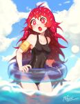  1girl bangs black_swimsuit blue_sky blush breasts bright_pupils clouds cloudy_sky covered_navel cowboy_shot dated flaky_(happy_tree_friends) happy_tree_friends highres innertube long_hair mary_felizola medium_breasts one-piece_swimsuit open_mouth personification red_eyes redhead signature sky solo swimsuit very_long_hair water white_pupils 