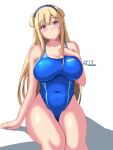  1girl blonde_hair blue_hairband blue_swimsuit breasts competition_swimsuit cowboy_shot dated double_bun fletcher_(kancolle) hairband highleg highleg_swimsuit highres kantai_collection large_breasts long_hair looking_at_viewer montemasa one-hour_drawing_challenge one-piece_swimsuit simple_background sitting solo swimsuit twitter_username violet_eyes white_background 