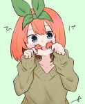 1girl :d bangs blue_eyes blush brown_sweater commentary_request eyebrows_behind_hair go-toubun_no_hanayome green_background green_ribbon hair_between_eyes hair_ribbon hands_up head_tilt highres kujou_karasuma long_sleeves looking_at_viewer nakano_yotsuba open_mouth orange_hair ribbon signature simple_background sleeves_past_wrists smile solo sweater upper_body 