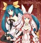  2girls blue_eyes blue_hair breasts dizzy_(guilty_gear) dress elphelt_valentine guilty_gear guilty_gear_xrd hair_between_eyes hair_ornament highres long_hair looking_at_viewer multiple_girls pink_hair red_eyes ribbon short_hair twintails white_dress wings 