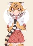  :3 animal_ears animal_print black_hair collared_shirt commentary_request cowboy_shot elbow_gloves eyebrows_visible_through_hair garter_straps gloves highres holding_tail kemono_friends looking_at_viewer multicolored_hair necktie notora orange_hair plaid plaid_neckwear plaid_skirt plaid_trim pleated_skirt print_gloves print_legwear red_neckwear red_skirt shirt short_hair short_sleeves skirt smile t-shirt tail thigh-highs tiger_(kemono_friends) tiger_ears tiger_girl tiger_print tiger_tail white_hair yellow_eyes zettai_ryouiki 