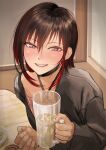  1girl black_choker blush brown_eyes choker criss-cross_halter cup glass gradient_hair grey_shirt half-closed_eyes halterneck holding holding_cup kilye_kairi looking_at_viewer medium_hair multicolored_hair original shirt smile solo streaked_hair upper_body 