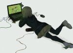  1girl :d alter_ego bangs black_legwear brown_skirt cheek_rest commentary computer dangan_ronpa:_trigger_happy_havoc dangan_ronpa_(series) dangan_ronpa_2:_goodbye_despair foot_up from_behind fujisaki_chihiro full_body grey_background hair_between_eyes hand_up handheld_game_console highres hood hood_down laptop long_sleeves lying medium_hair miniskirt mouse_(computer) nanami_chiaki on_stomach open_mouth pantyhose phone pleated_skirt sema_(vivaviva_02) shoes skirt smile solo thigh-highs zettai_ryouiki 