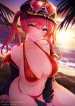  1girl absurdres bangs bikini black_jacket breasts character_name collarbone dated eyewear_on_headwear hair_between_eyes happy_birthday hat heart heart-shaped_eyewear highres hololive houshou_marine jacket large_breasts mihanada_kanata navel off_shoulder red_bikini red_eyes redhead sitting solo sunset swimsuit tongue tongue_out twintails virtual_youtuber wet yellow_eyes 