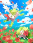  :d blurry blush clouds commentary_request day eye_contact flower flying gen_4_pokemon grass green_eyes highres kikuyoshi_(tracco) looking_at_another mythical_pokemon no_humans open_mouth outdoors pokemon pokemon_(creature) shaymin shaymin_(land) shaymin_(sky) sky smile tongue 