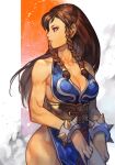  1girl alternate_costume blue_dress bracelet braid brown_hair chun-li dress hankuri hankuri jewelry long_braid long_hair makeup muscular muscular_female pelvic_curtain sash solo spiked_bracelet spikes street_fighter street_fighter_v 